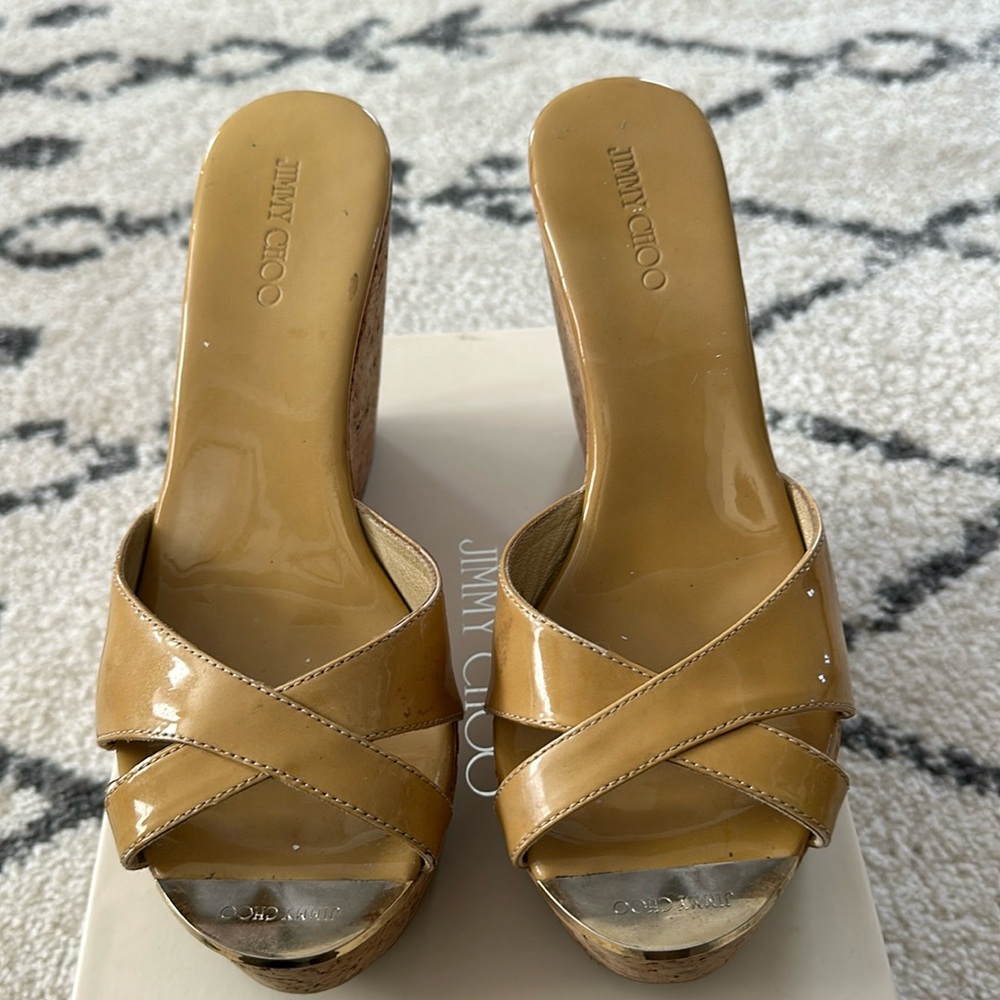 Jimmy Choo Patent Leather Cork Wedge Sandals